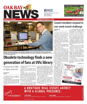 The front page of the Oak Bay News, with the headline Obsolete Technology finds a new generation of fans at UVic Library