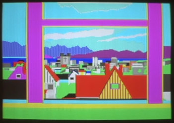 Drawing of cityscape with mountains and blue sky in background, framed in a window, in bright colours and flat, simple shapes